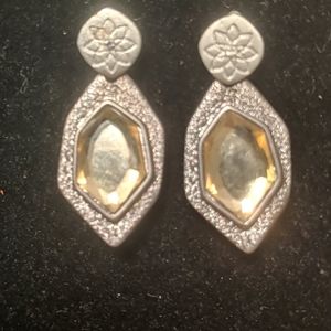 Silver Tone Pale Yellow Rhinestone Earrings
